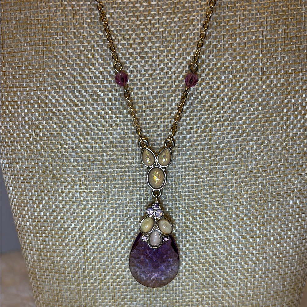 Elegant Saq Necklace Gold And Purple Pendant 12” With 3” Extender